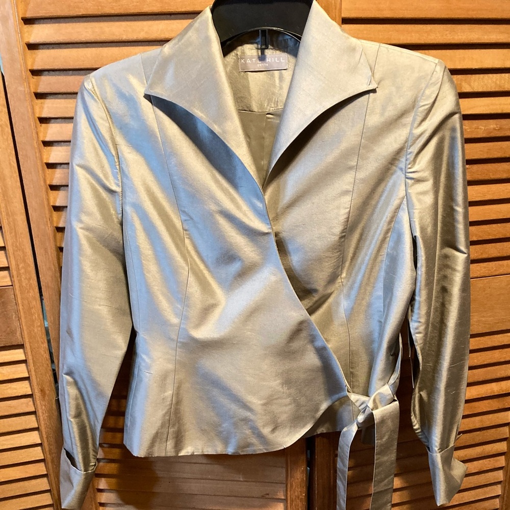 Kate Hill Soft Sage Green Silk Wrap Blouse